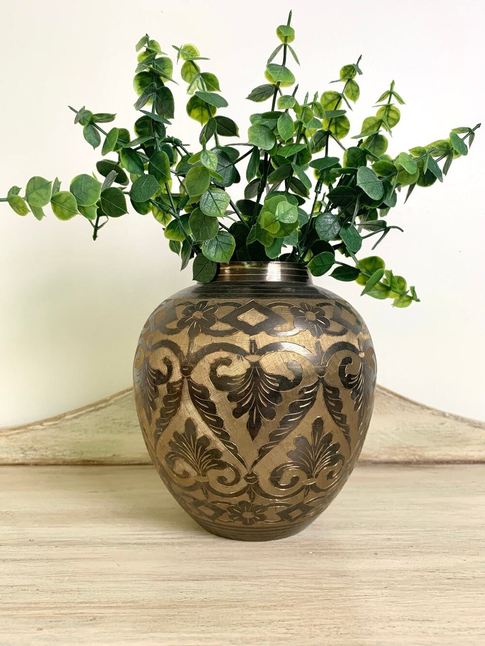 Vintage Brass Vase Urn Etched Two Tone Floral Made in India Bohemian Old World